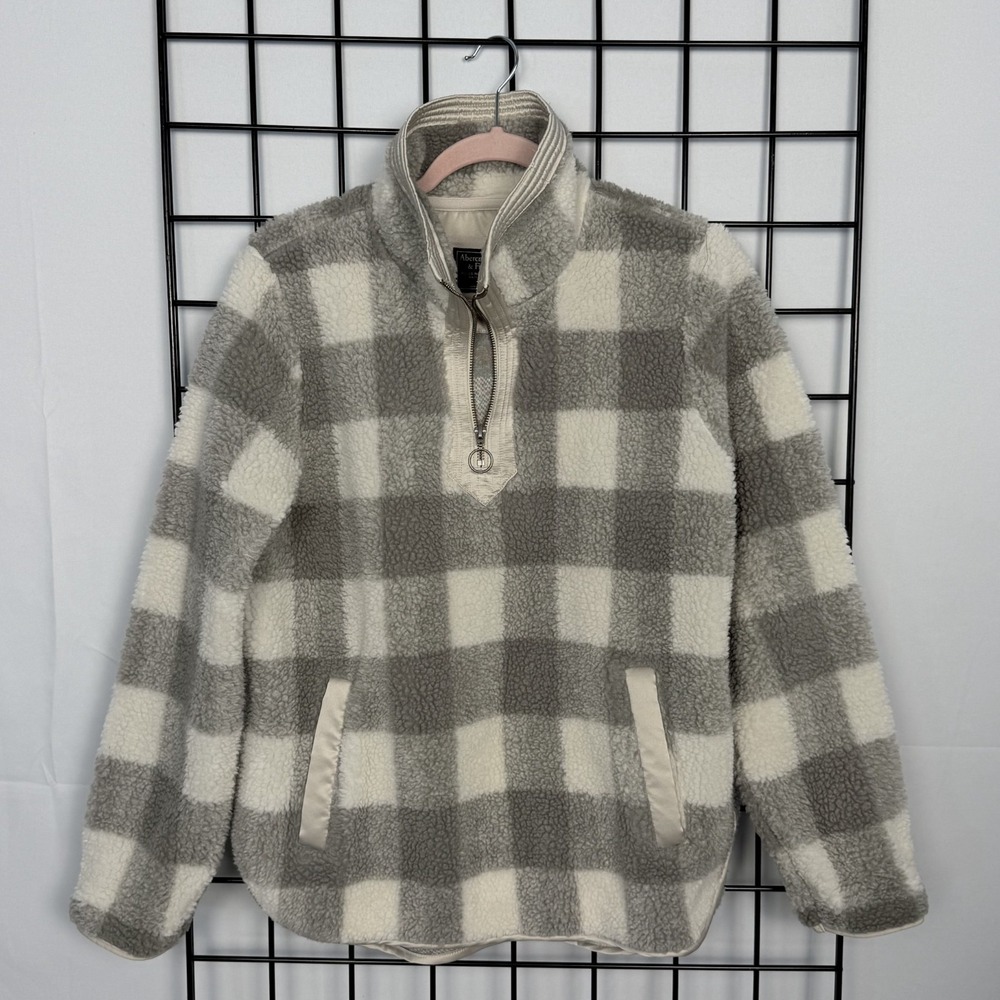 Abercrombie & Fitch Sherpa 1/4 Zip Pullover Womens Small Gray Buffalo Plaid Cozy